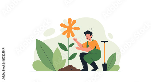 Astonished Gardener Discovering A Surprisingly Tall Flower In His Garden