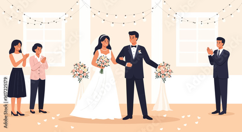 Elegant wedding scene with a bride and groom being celebrated by their loved ones