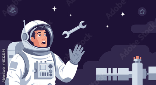 Astronaut Realizing He Dropped a Wrench During a Space Mission
