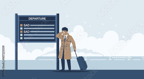 Emotional Farewell Man With Suitcase Waiting At The Train Station Departure Board