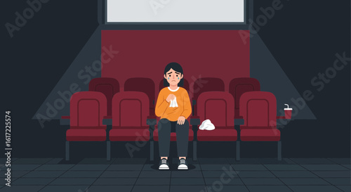 Emotional Movie Experience Young Person Watching Sad Film In Empty Theater