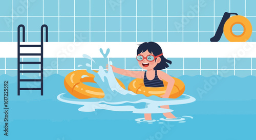 Cheerful Girl Enjoys Water Fun With Buoy In Swimming Pool Under Summer Sunlight