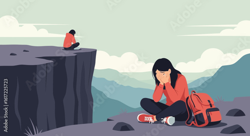 Emotional Turmoil Two Lonely Women Feeling Despair on Mountain