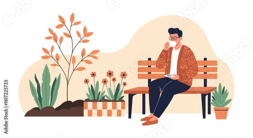 Autumnal Serenity Man Enjoying a Beverage on Park Bench Surrounded by Nature
