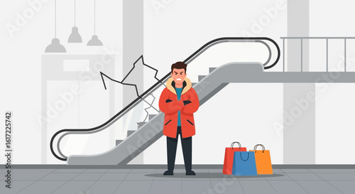 Frustrated Shopper With Shopping Bags Escalator Is Out Of Service
