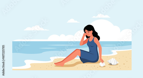 Emotional Woman Sitting On Beach Expressing Sadness And Loneliness Feeling
