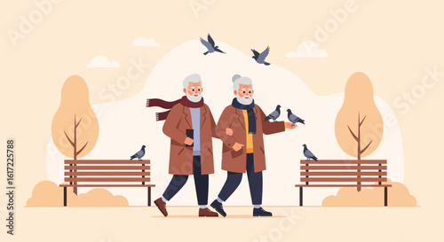 Autumnal Stroll A Senior Couple Feeding Pigeons Together In The City Park
