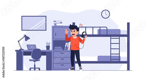 Frustrated Student Experiencing Technical Difficulties With Audio Equipment In Dorm Room