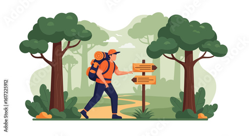 Backpacker Deciding Which Way To Go At Wooden Signpost In Forest