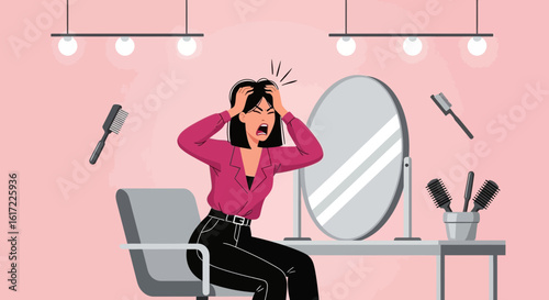 Bad Haircut Day: A Cartoon Illustration Of A Disgruntled Woman In A Salon