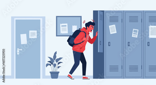 Frustrated student illustration slamming locker in school hallway with backpack and anger expression showing challenges