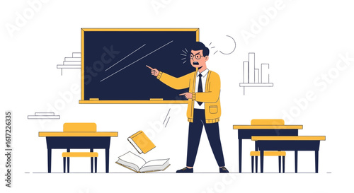 Frustrated Teacher Explaining Lesson to Students in Classroom Illustration