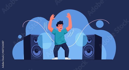 Energetic party scene featuring a man dancing enthusiastically near loudspeakers in a vibrant blue setting