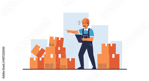 Frustrated warehouse worker overseeing mismanaged cargo shipment logistics
