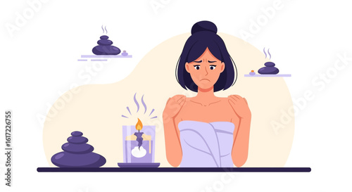 Frustrated woman in spa with hot stones and candle expressing stress or anxiety