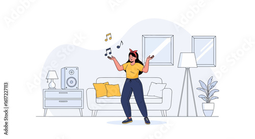 Cheerful woman dancing to music in her living room with furniture and decor creating a cozy and lively atmosphere