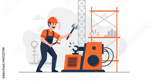 Frustrated worker facing machine failure in industrial setting illustration