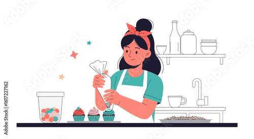 Cheerful Woman Decorating Cupcakes With Icing Bag In Kitchen And Home Baking
