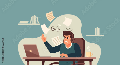 Frustrated worker throwing papers in the office due to the job problem situation concept in vector illustration with minimal details and color