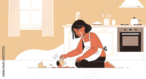 Frustrated Young Woman With Broken Mug And Spilled Coffee On The Kitchen Floor