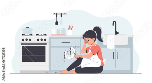 Frustrated Young Woman With Broken Plate Sitting on Kitchen Floor