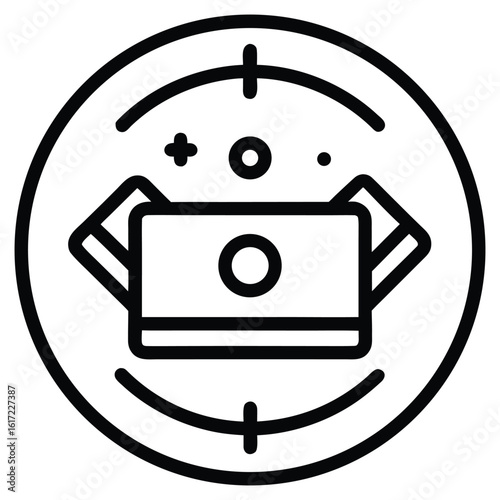 Black outline icon of a laptop with a circle and crosshairs computer technology