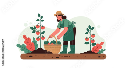 Cheerful Woman Farmer Harvests Vegetables In Her Garden On Warm Sunny Day