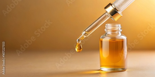 Bottle pipette dropper close up on beige background with liquid yellow-orange retinol or vitamin C gel or serum, precision tool for skin care application, cosmetic tool , close-up shot