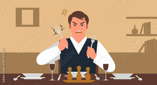Furious Customer Holding Forks After Bad Dining Experience In A Restaurant