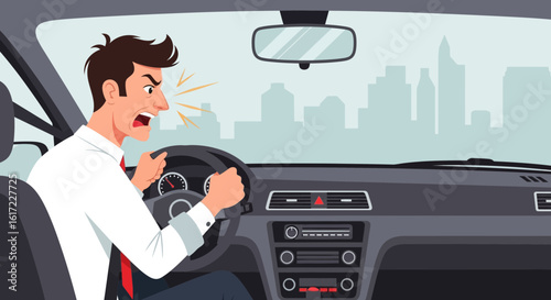 Furious driver in car yelling with road rage in city traffic frustration