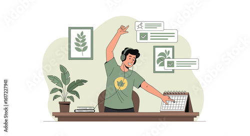 Enthusiastic Man Celebrating Task Completion At Home Office With Music