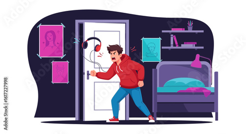 Furious Teenager Knocking on Door Because of Loud Music Playing From Headphones