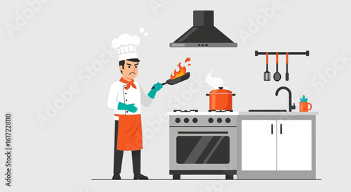 Chef In Kitchen With Burning Pan Cooking Mistake Cartoon Illustration