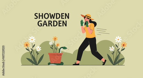 Gardener's Unexpected Encounter With a Snake in a Flower Pot Illustration