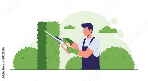 Gardener Trimming Hedges Creating Shape And Order In Landscaping Professionally