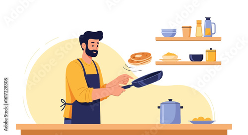 Chef Prepares Fluffy Pancakes Tossing Them Skillfully In The Air