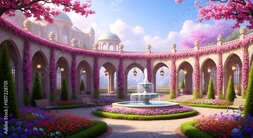 Fototapeta Naklejka Na Ścianę i Meble -  A picturesque courtyard with a fountain centerpiece, framed by arched colonnades draped in vibrant pink flowers under a bright sky. A dreamlike, romantic setting.