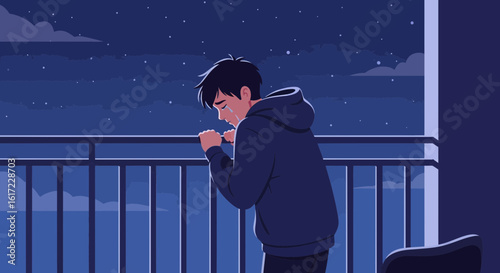 Boy Crying On Balcony Underneath The Starry Night Sky In Dark Colors