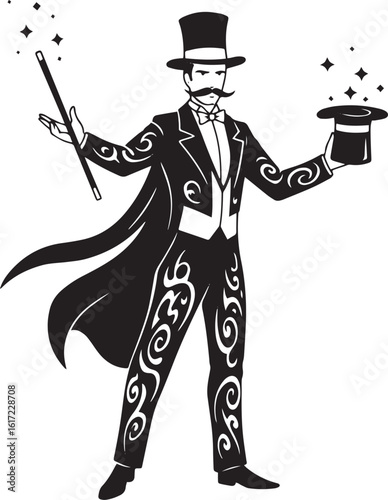 Elegant magician silhouette performing tricks with wand and hat