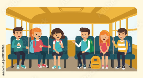 Enthusiastic Students Enjoying Animated School Bus Ride To Their Destination