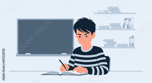 Boy Diligently Studying At His Desk For School Or Examination Day Scene