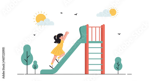 Childhood fun: A little girl climbs a slide on a bright sunny day outdoors