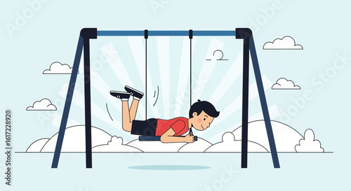 Boy Enjoying a Unique Swing Ride Under the Blue Sky with Fluffy Clouds