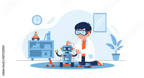 Enthusiastic Young Engineer Constructing a Robot With Passion and Precision