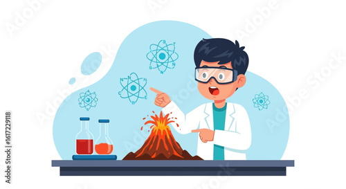 Enthusiastic young scientist conducting a volcano experiment in a laboratory