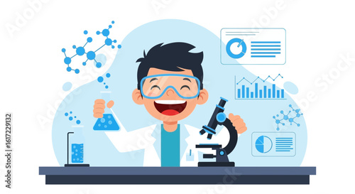 Enthusiastic young scientist conducts experiments in the lab with joy and precision