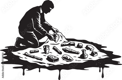 Archaeologist meticulously arranges ancient artifacts in a monoc