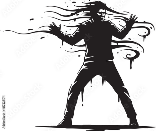 Silhouette figure engulfed by swirling dark matter, stylized and