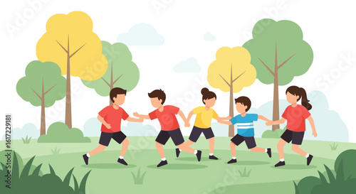 Children Playing Together Running Outdoors In Summer Day At Park