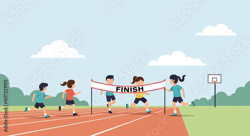 Children Running Towards The Finish Line In A Competition At School